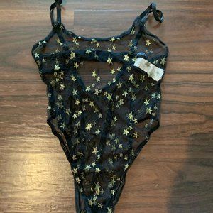 Gold Star Print Mesh Bodysuit w/ Open Back
